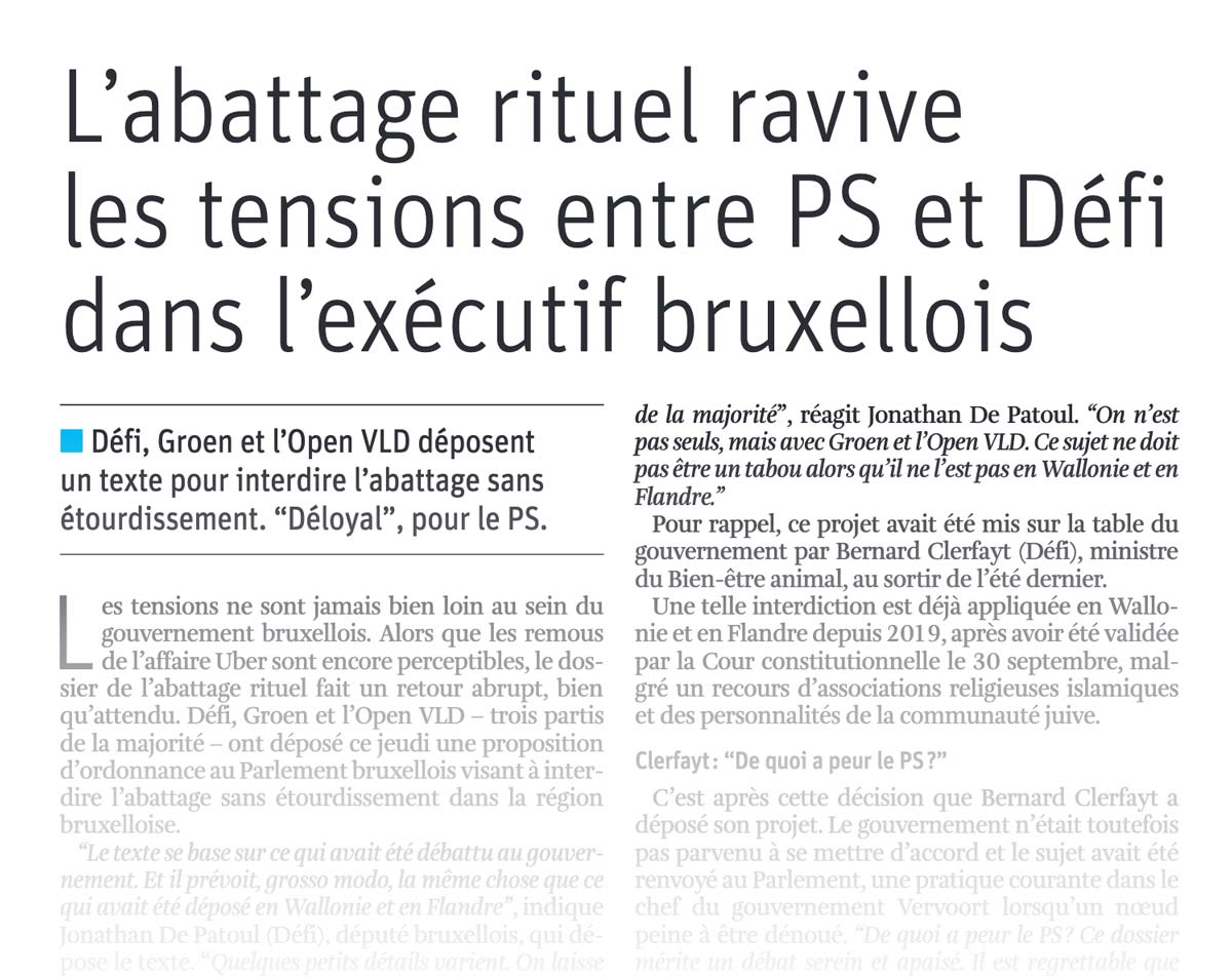 L'abattage rituel ravive les tensions entre PS de DéFI dans l'exécutif bruxellois