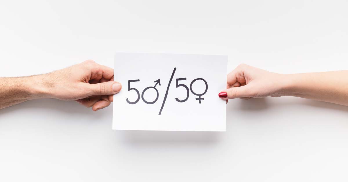 Een man en een vrouw houden samen een kaartje vast waarop een 50/50-verhouding wordt afgebeeld met het mannelijke en het vrouwelijke symbool naast elk van de cijfers. 