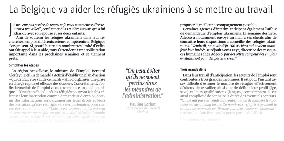 La Belgique va aider les réfugiés ukrainiens à se mettre au travail