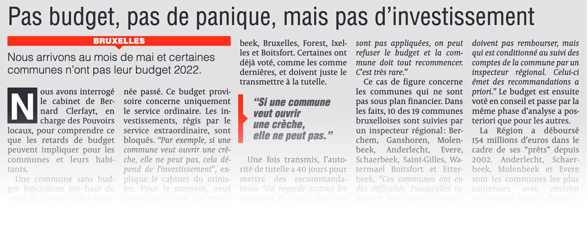 Extrait de presse, La Dernière Heure : "Pas de budget, pas de panique, mais pas d'investissements"