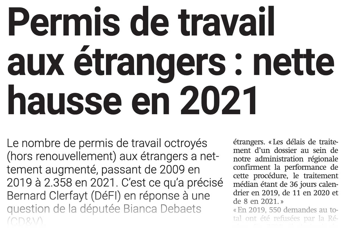 Extrait de presse, La Capitale : "Permis de travail aux étrangers : nette hausse en 2021"