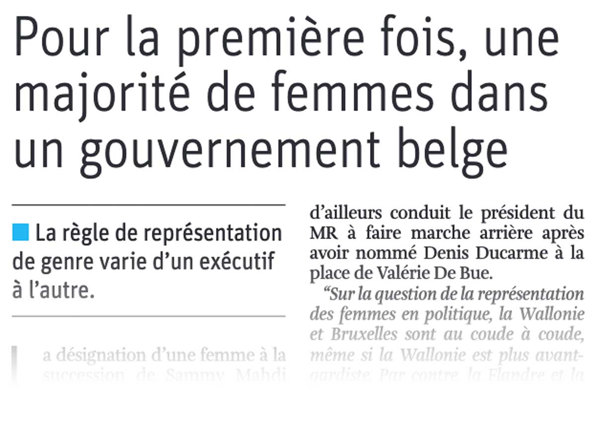 Extrait de presse, La Libre : Pour la première fois, une majorité de femmes dans un gouvernement belge".