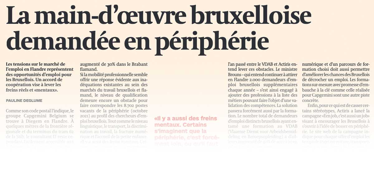 Extrait de presse, L'Echo : "La main-d'œuvre bruxelloise demandée en périphérie".