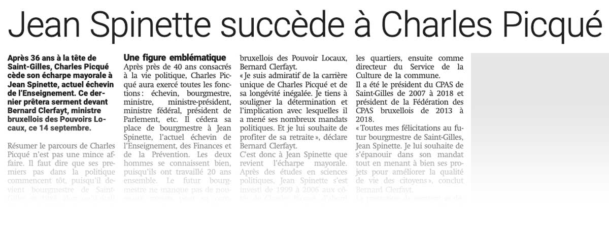 Extrait de presse, La Capitale : "Jean Spinette succède à Charles Picqué"
