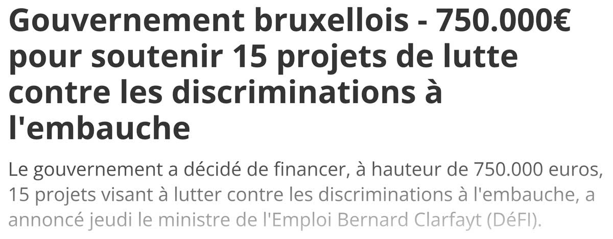 Extrait de presse, la DH : "750.000€ pour soutenir 15 projets de lutte contre les discriminations à l'embauche".
