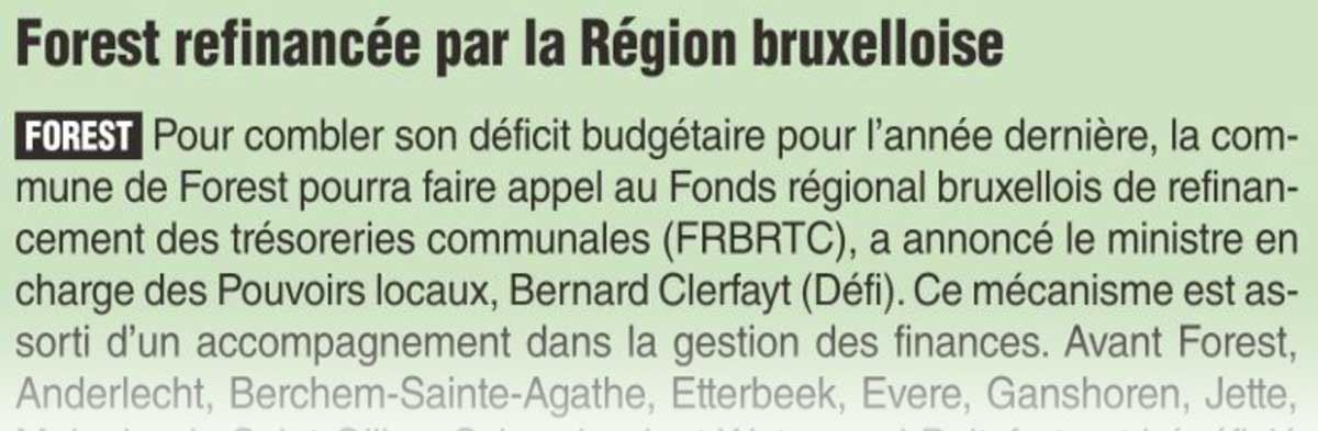 Extrait de presse, La Dernière Heure : "Pour combler son déficit de 2022, la commune de Forest entre sous plan d'assainissement régional".