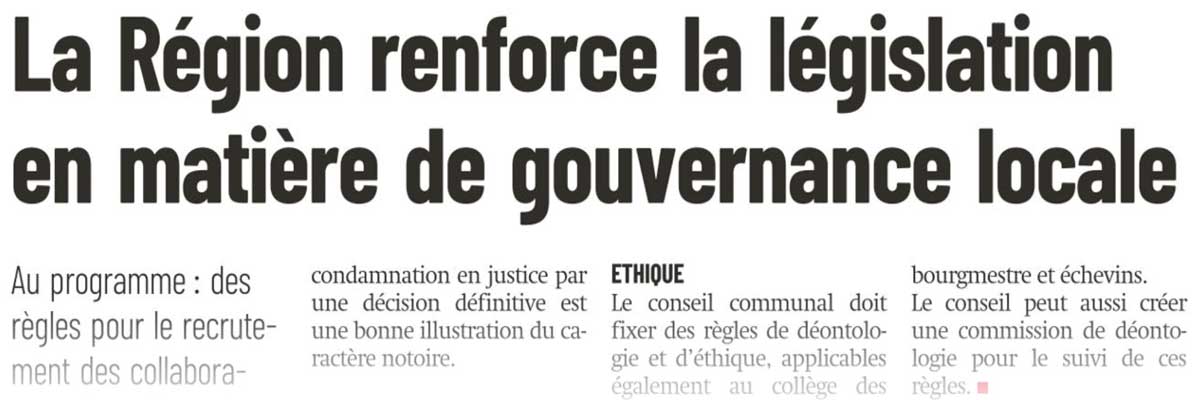 Extrait de presse, La Capitale : "La Région renforce la législation en matière de gouvernance locale".
