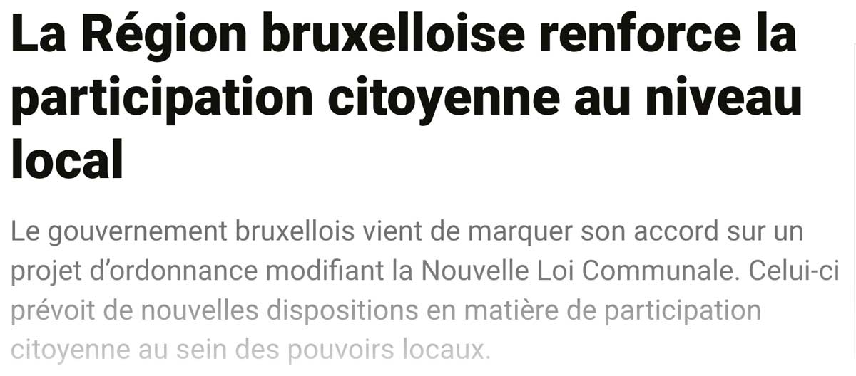 Extrait de presse, Sudpresse : "Plusieurs formes de participation citoyenne au niveau local bientôt dans la Loi communale".".