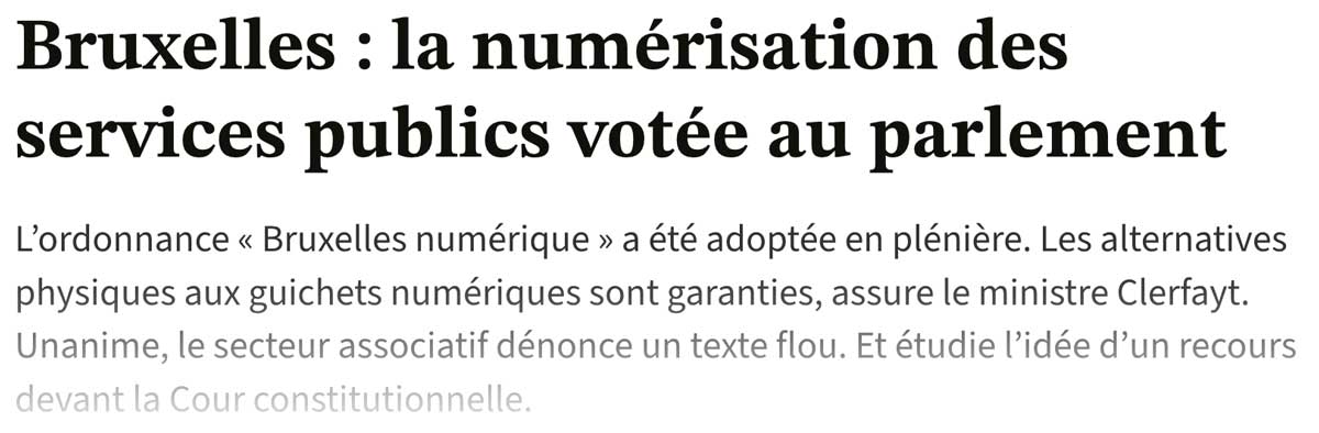 Extrait de presse, Le Soir : "La numérisation des services publics votée au parlement".